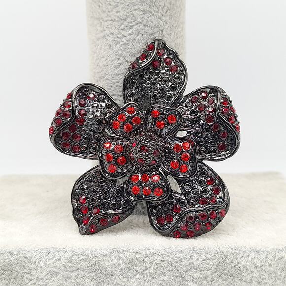 Vintage Red Rhinestone Black Metal Flower Brooch, 2" - Picture 8 of 10
